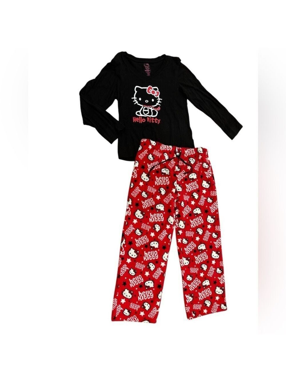 SANRIO HELLO KITTY VINTAGE BLACK & RED TOP & FLEECE PANTS 2PC PAJAMAS SZ XL